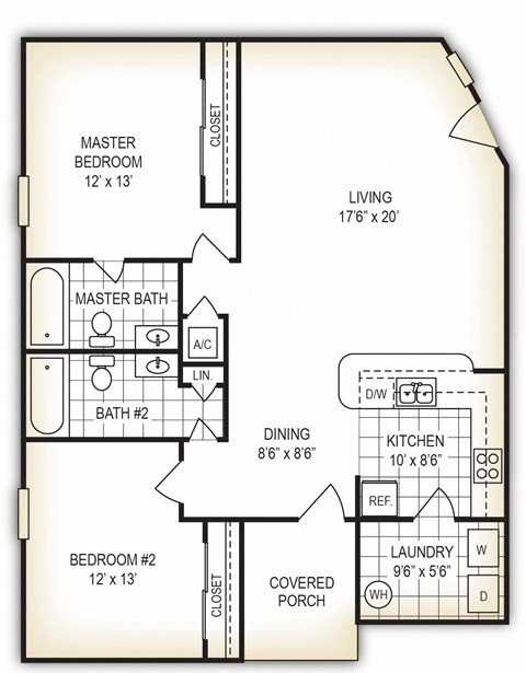 The Grove 2 bedroom 2bathroom floor plan at Dothan Farms Apartments, Alabama,36305
